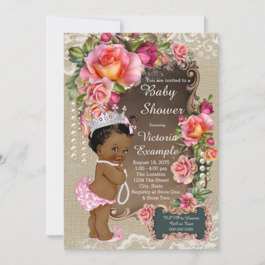 Invitation Burlap Lace Pearl Ethnic Princess Baby shower (Devant)