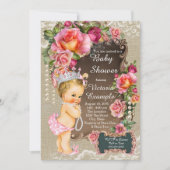 Invitation Burlap Lace Pearl Princess Baby shower Rustic Chic (Devant)