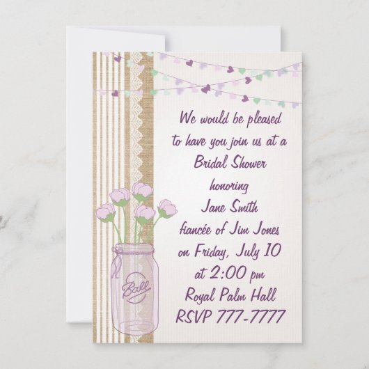 Invitation Burlap Lilac Purple Mason Jar Fête de l'mariée Inv (Devant)
