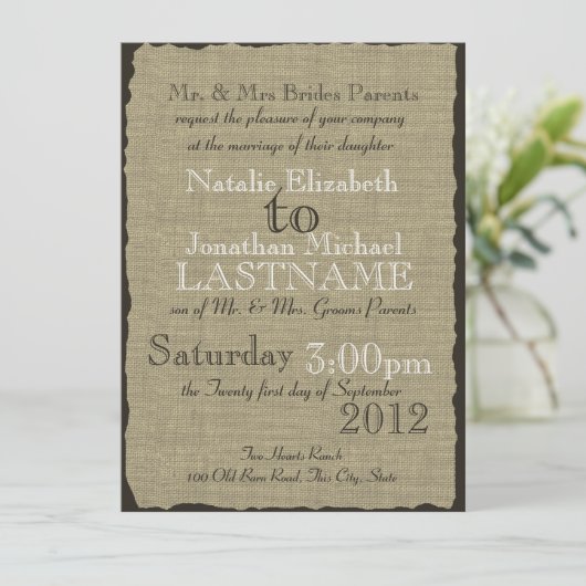 Invitation Burlap Look Mariage rustique (Debout devant)