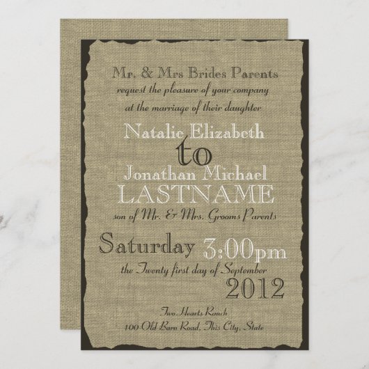 Invitation Burlap Look Mariage rustique (Devant / Derrière)