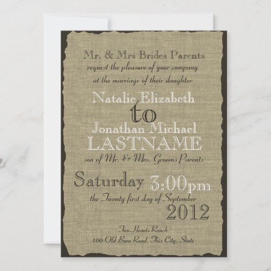 Invitation Burlap Look Mariage rustique (Devant)