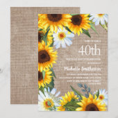 Invitation Burlap Marguerites Blanches Tournesol Jaune 40e An (Devant / Derrière)