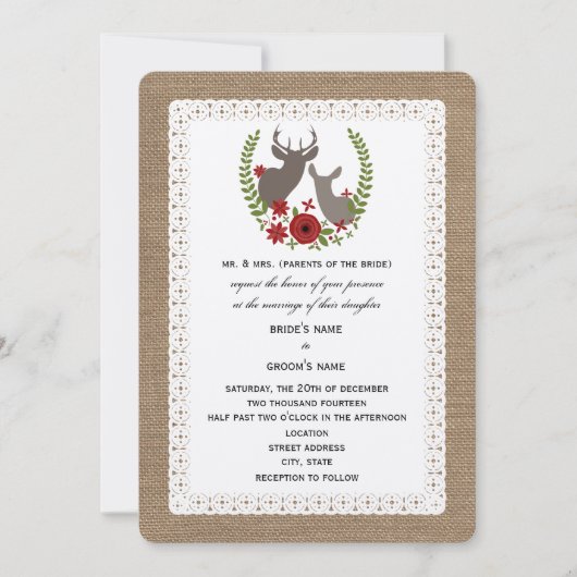 Invitation Burlap + Mariage de Noël de dentelle Buck + Doe De (Devant)