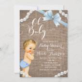 Invitation Burlap & Pearls Blue Bow Blonde Baby Boy Douche (Devant)