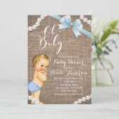 Invitation Burlap & Pearls Blue Bow Blonde Baby Boy Douche (Debout devant)