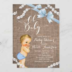 Invitation Burlap & Pearls Blue Bow Blonde Baby Boy Douche
