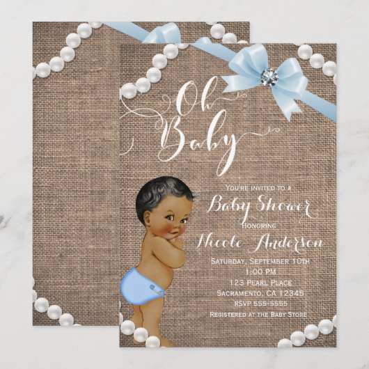Invitation Burlap & Pearls Blue Bow Ethnic Baby Boy Douche (Devant / Derrière)
