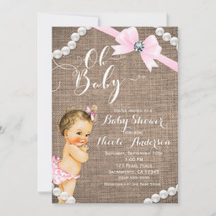 Invitation Burlap & Pearls Nœud Rose Brunette Baby Shower Fil