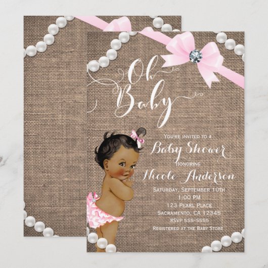 Invitation Burlap & Pearls Pink Bow Ethnic Girl Baby shower (Devant / Derrière)
