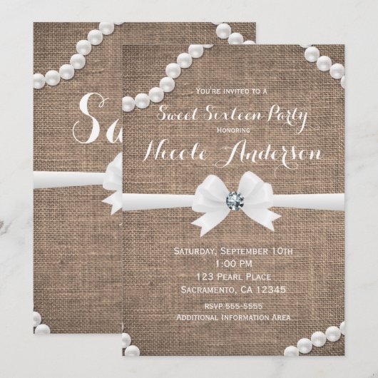 Invitation Burlap & Pearls Rustic Glamor Sweet 16 Party (Devant / Derrière)