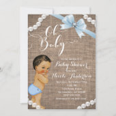 Invitation Burlap & Perles Boule Bleue Brunette Baby shower T (Devant)
