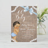 Invitation Burlap & Perles Boule Bleue Brunette Baby shower T (Debout devant)