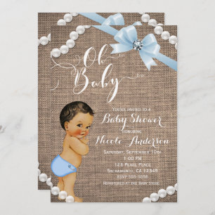 Invitation Burlap & Perles Boule Bleue Brunette Baby shower T
