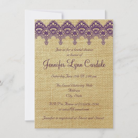 Invitation Burlap Purple Damask Lace nuptiale douche Invitati (Devant)
