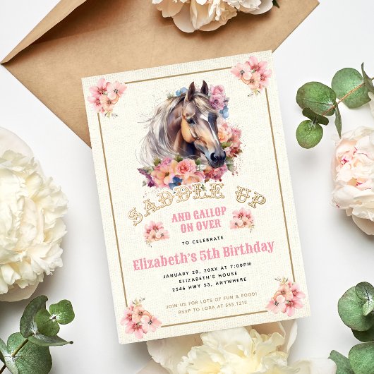 Invitation Burlap Rose Floral Horse fête d'anniversaire