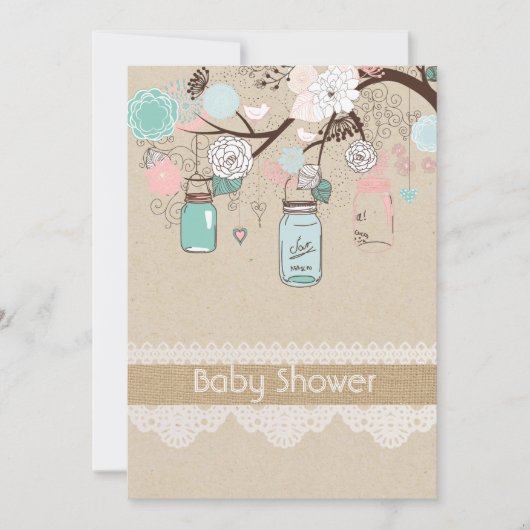 Invitation Burlap Rustic Lace Mason Jar Baby shower Invitatia (Devant)