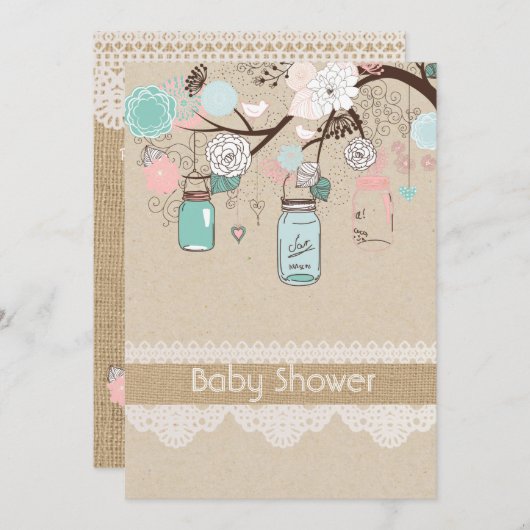 Invitation Burlap Rustic Lace Mason Jar Baby shower Invitatia (Devant / Derrière)