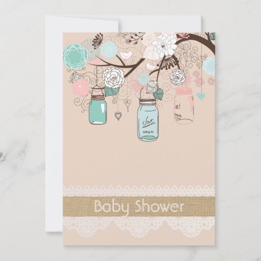 Invitation Burlap Rustic Lace Mason Jar Baby shower Invitatia (Devant)