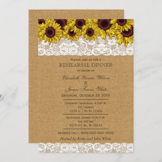 Invitation Burlap Rustic Tournesol répétition dîner invitatio (Devant / Derrière)