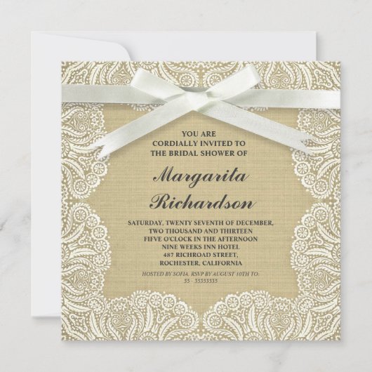 Invitation burlap rustique blanc dentelle & arc bridalshower (Devant)