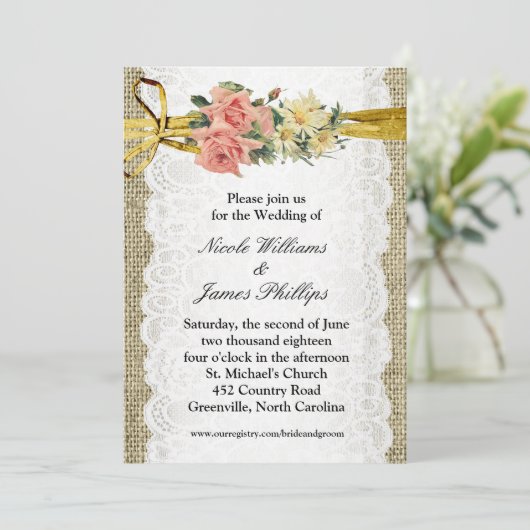 Invitation Burlap rustique & Blanche dentelle Mariage romanti (Debout devant)