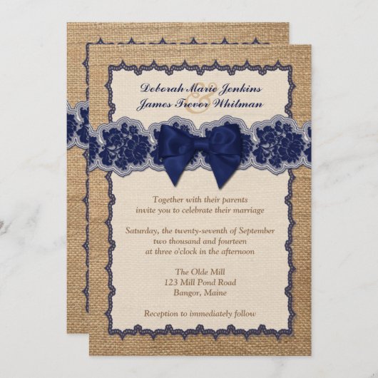 Invitation Burlap Rustique, Dentelle IMPRIMÉE, Mariage de la  (Devant / Derrière)