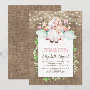 Invitation Burlap rustique et Baby shower de licorne magique