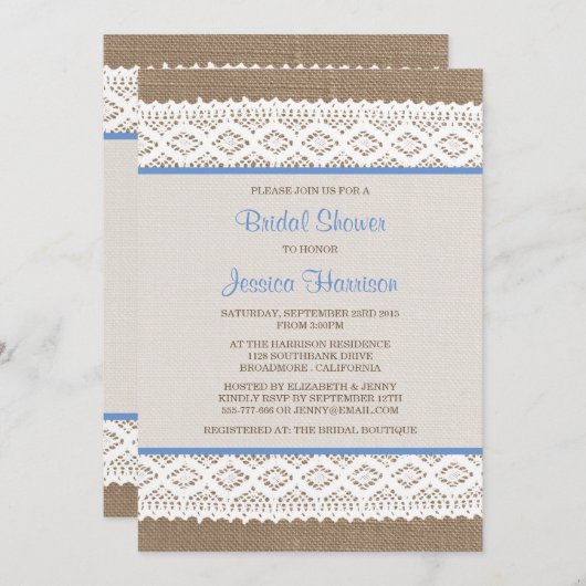 Invitation Burlap rustique et Fête des mariées en dentelle bl (Devant / Derrière)