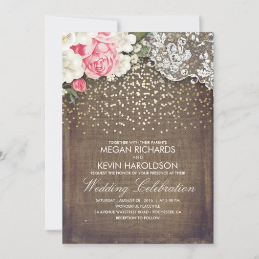 Invitation Burlap rustique et Fleurs roses dentelle Mariage o (Devant)