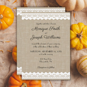 Invitation Burlap rustique et Mariage de dentelle blanche