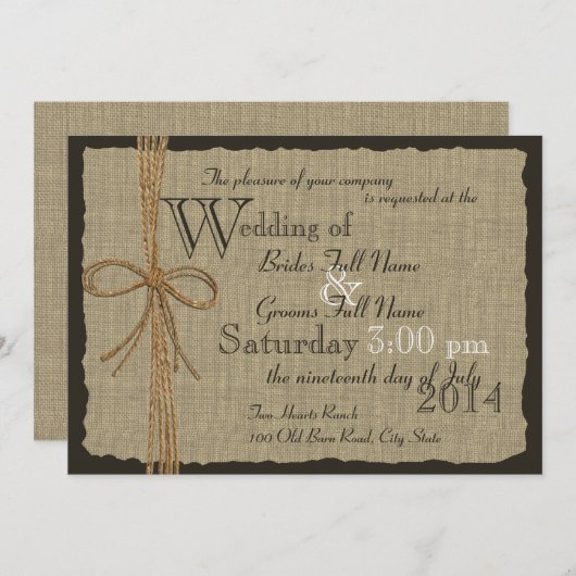 Invitation Burlap rustique et Mariage Twine (Devant / Derrière)