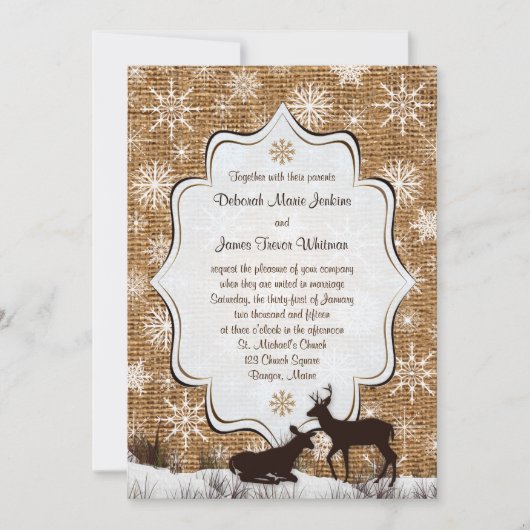 Invitation Burlap rustique, flocons de neige et mariage des c (Devant)