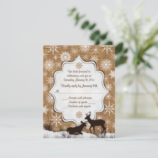 Invitation Burlap rustique, flocons de neige et mariage des c (Debout devant)