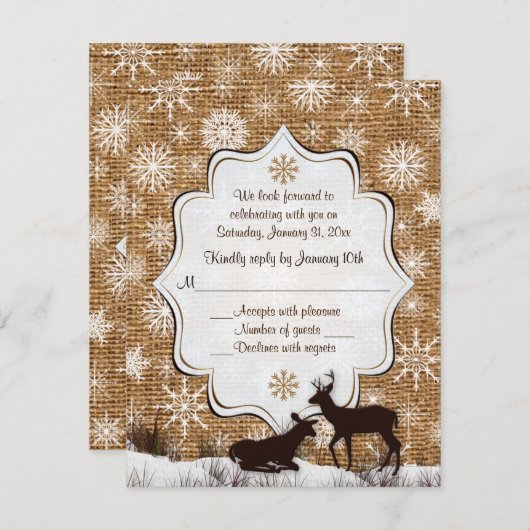 Invitation Burlap rustique, flocons de neige et mariage des c (Devant / Derrière)