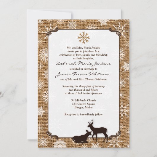Invitation Burlap rustique, Snowflakes & Deer Wedding Invitat (Devant)