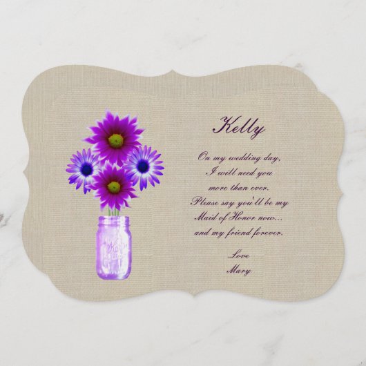 Invitation Burlap Rustique Violet Mason Jar Maid Of Honor Car (Devant / Derrière)