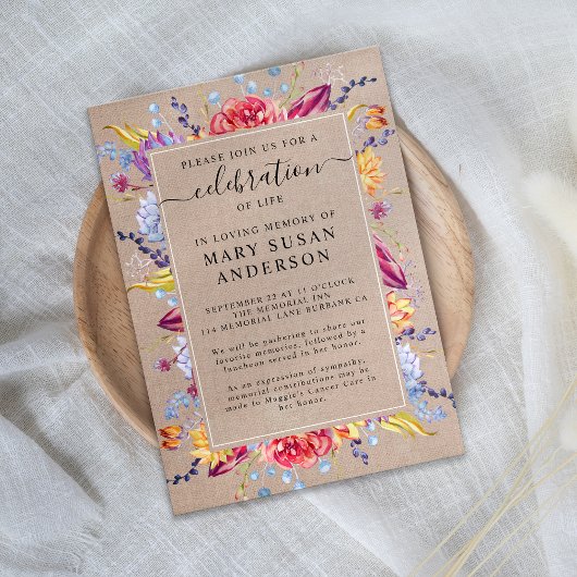 Invitation Burlap Succulents Célébration de la vie Memorial