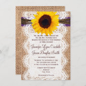 Invitation Burlap Sunflower Purple Accent Wedding Invite (Devant / Derrière)