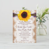 Invitation Burlap Sunflower Purple Accent Wedding Invite (Debout devant)