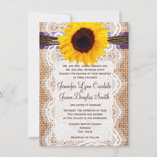 Invitation Burlap Sunflower Purple Accent Wedding Invite (Devant)