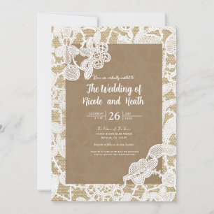 Invitation Burlap & White Floral Lace Élégant Mariage rustiqu