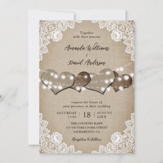 Invitation Burlap White Floral Lace String Lights Wedding (Devant)