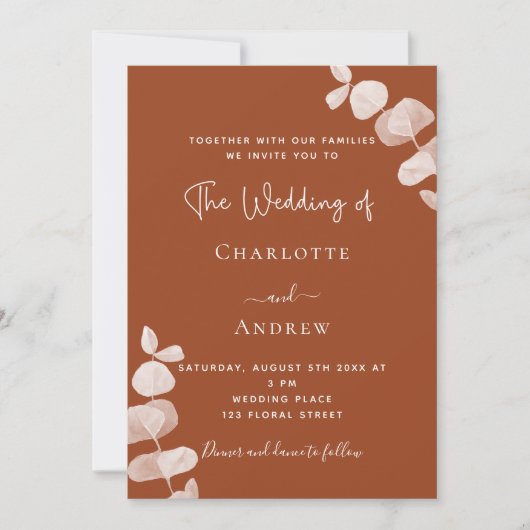 Invitation Burning orange eucalyptus QR code détails mariage (Devant)