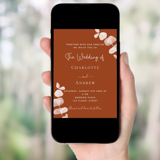 Invitation Burning orange eucalyptus QR code détails mariage
