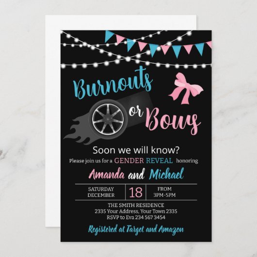 Invitation Burnouts or bows Gender Reveal Party (Devant / Derrière)