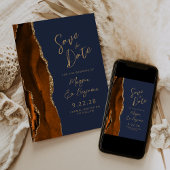 Invitation Burnt Orange Agate Navy Blue Script Enregistrer la