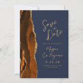 Invitation Burnt Orange Agate Navy Blue Script Enregistrer la (Devant)