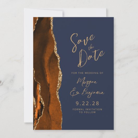 Invitation Burnt Orange Agate Navy Blue Script Enregistrer la (Devant)