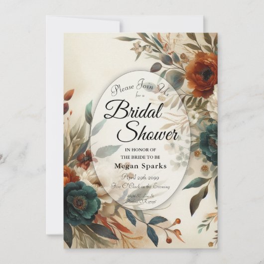 Invitation Burnt Orange and Blue Fall Flowers Bridal Shower (Devant)